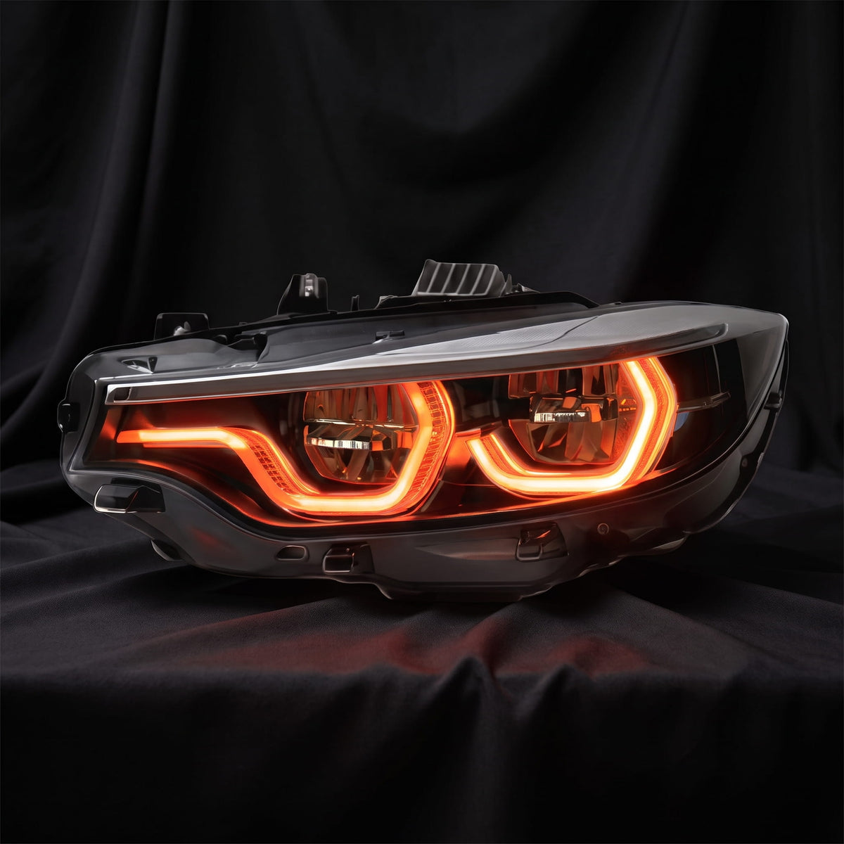 Ikon LED headlights for BMW F32, F80 and F82, tri colour build in red DRL mode